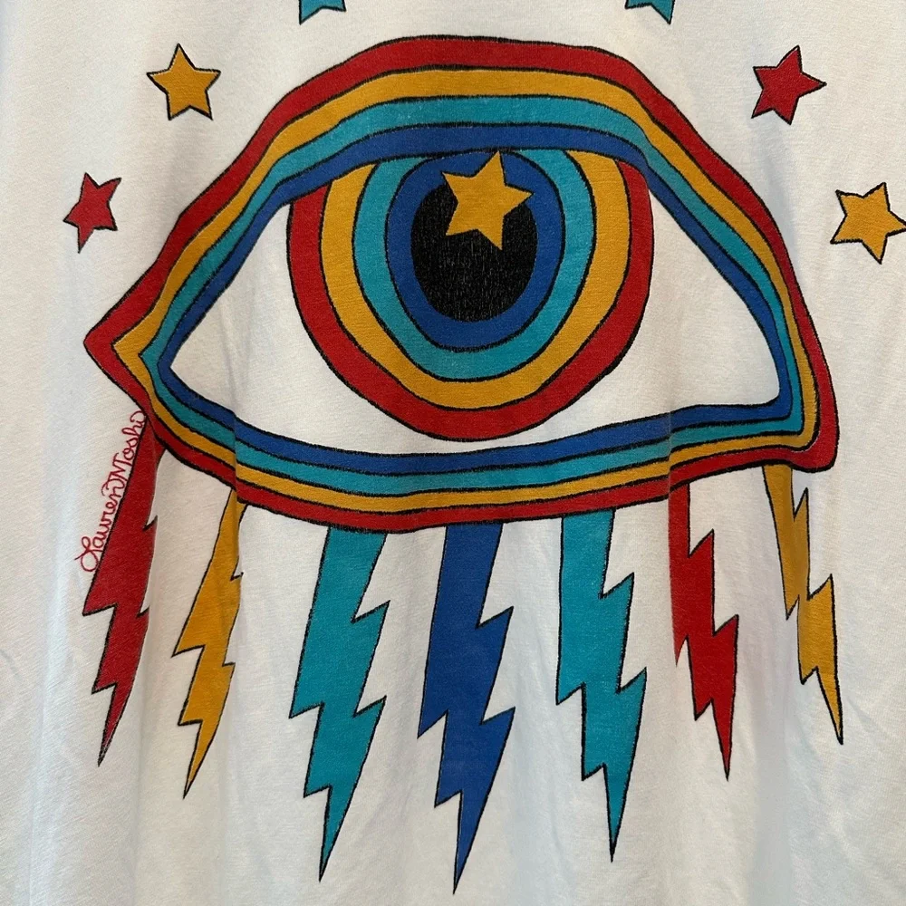 Lauren Moshi Wolf Rainbow Lightening Eye White Tee shirt Small - Picture 3 of 8